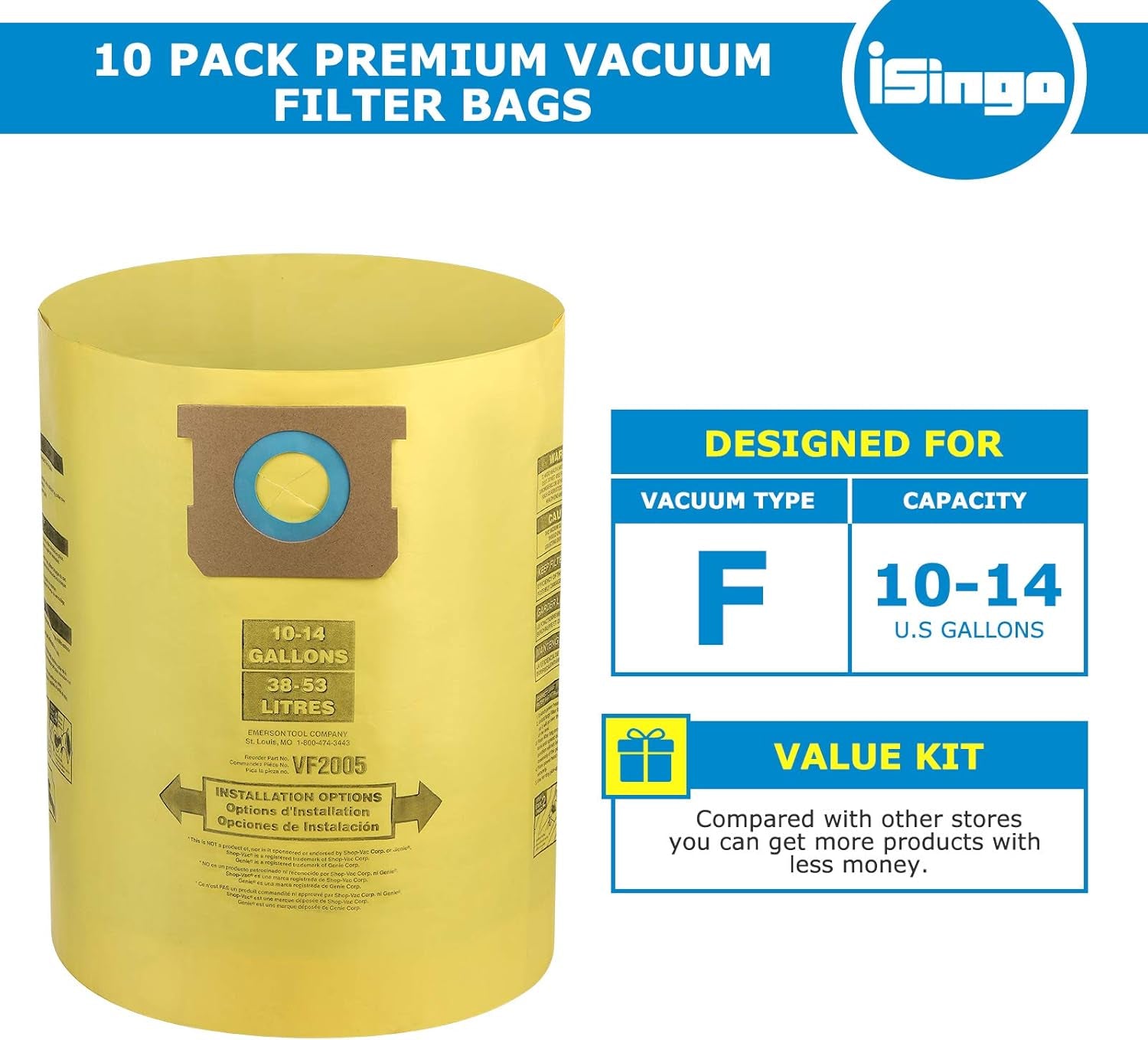 10 Pack Shop Vac Bags 9067200, 90672 Type I + Type F Replacement for Shop Vac 10-14 Gallon Vacuum, Part # 90662 & 90672