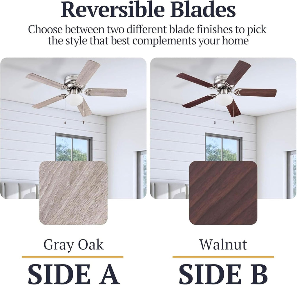 Alvina Traditional 44 Inch Ceiling Fan with Light, LED Flush Mount Ceiling Fan, Indoor Fan with 5 Blades, Gray Oak and Brown Walnut Blade Finish Options, Satin Nickel (51585-01)