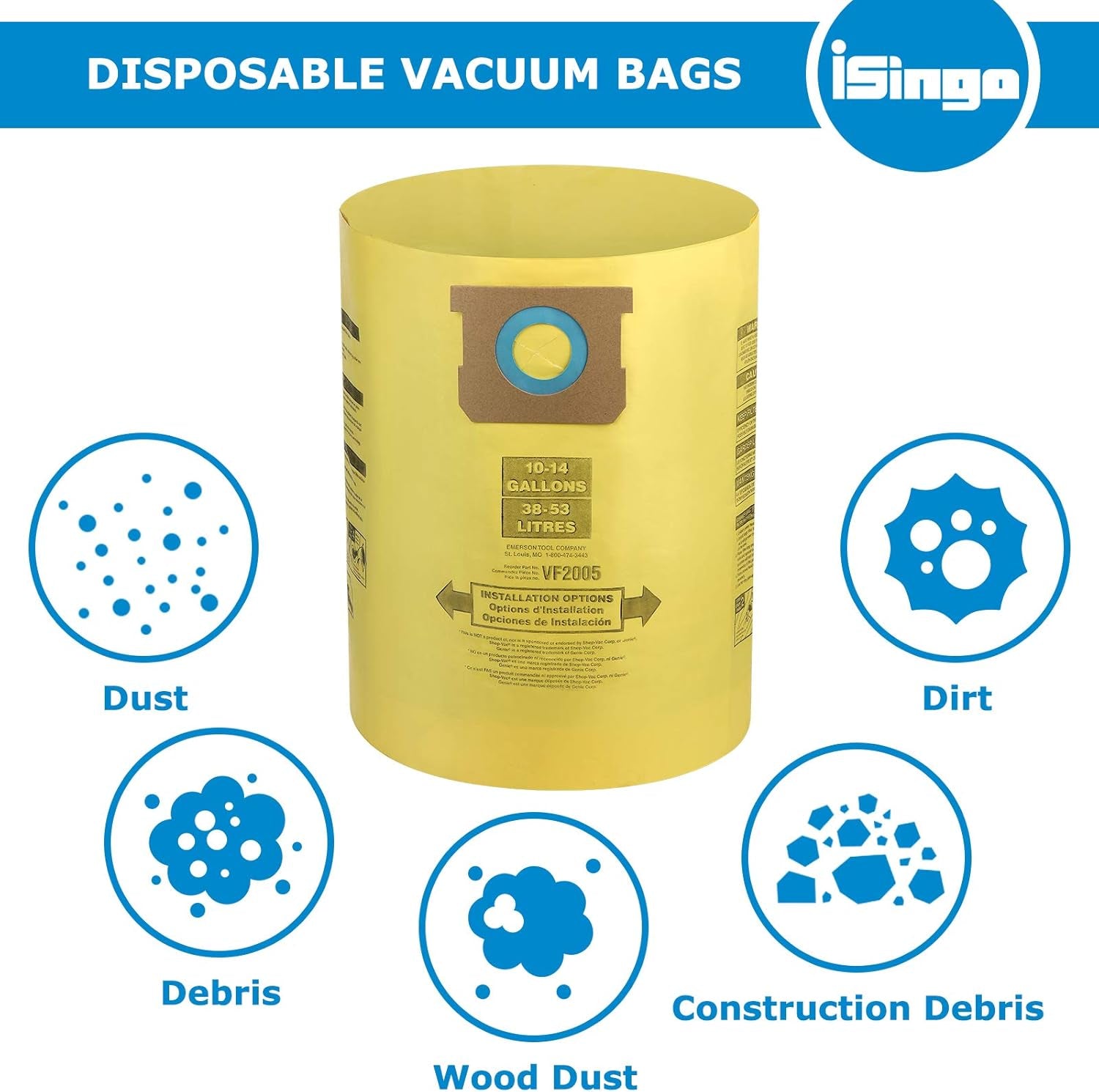 10 Pack Shop Vac Bags 9067200, 90672 Type I + Type F Replacement for Shop Vac 10-14 Gallon Vacuum, Part # 90662 & 90672