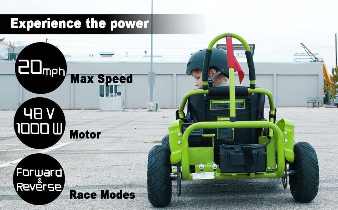 Baja-X 48V 1000W Brushless Electric Go Kart, 3-Speed Setting Go Kart W/Forward & Reverse, Racing Go Cart up to 20 Mph W/Foot Pedal & Foot Break, Go Cart Support up to 175 Lbs (Green)
