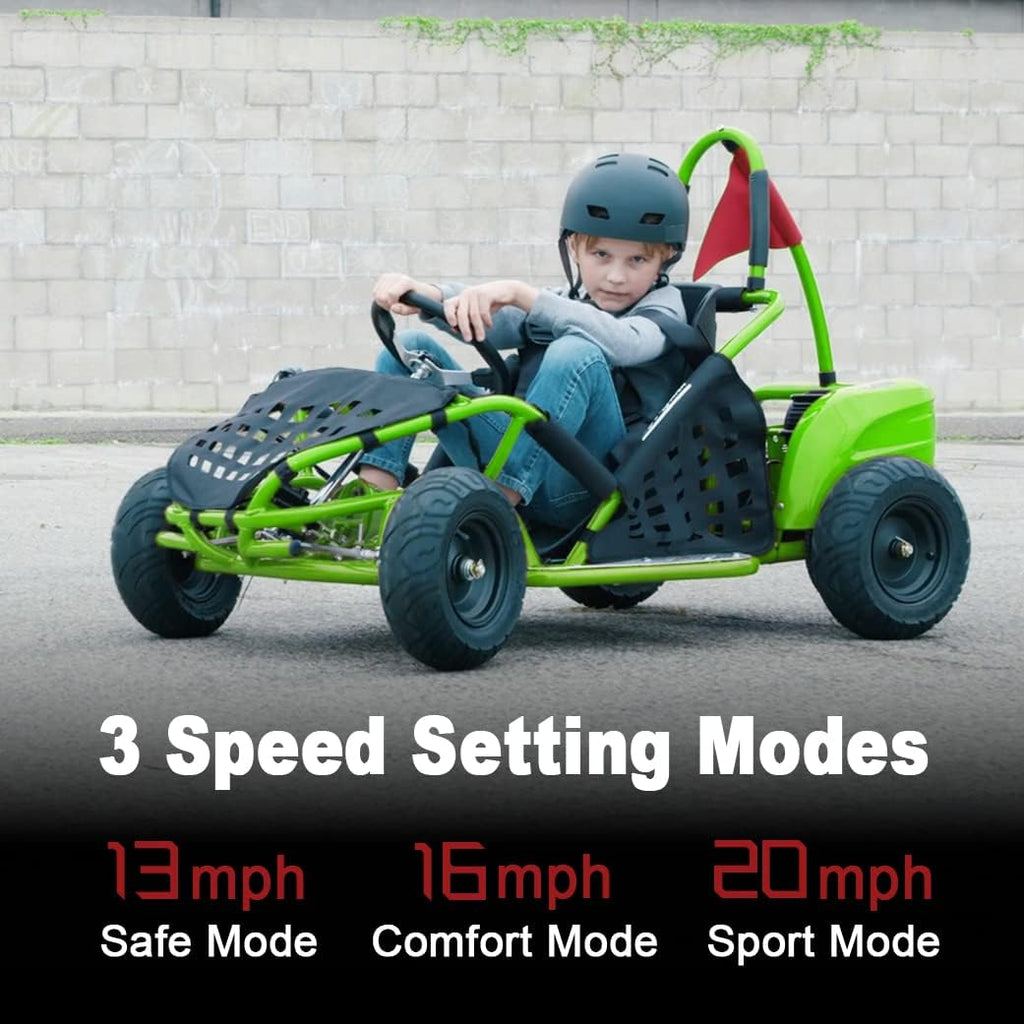 Baja-X 48V 1000W Brushless Electric Go Kart, 3-Speed Setting Go Kart W/Forward & Reverse, Racing Go Cart up to 20 Mph W/Foot Pedal & Foot Break, Go Cart Support up to 175 Lbs (Green)